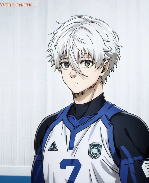 Nagi Seishiro playing football epicly while his eyes are in a state of flow with a death aura surrounding him in silver and light blue. ,Meanwhile, he wears the Manchester City uniform from his respective manga (Blue Lock)