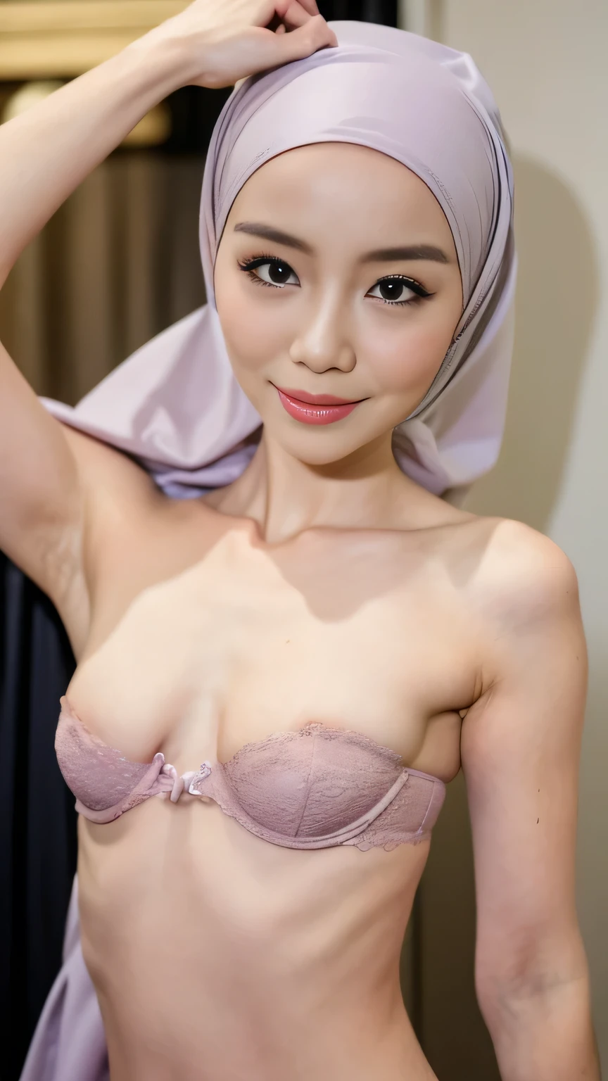 ((flat chest:1.3)), see-through T-shirt, Bodybuilder Naked, (((HIJAB MALAY GIRL))), masutepiece, High quality, UHD 32K, Realistic face, Realistic skin feeling , A Japanese Lady, , , Very cute and baby-like face, (((FLAT CHEST))), (MATRIX WORLD), ((look In front at the camera and SADNESS)), ((())), (((CUTE GIRL))), ((PINK LIPS)), ((Wearing lilac color Satin strapless bra and panties)) little Bodybuilder, (((small face & head)))