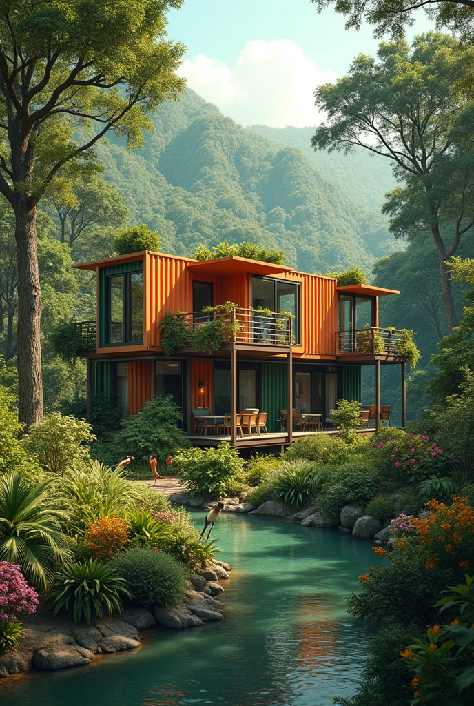 Hotel made of containers in the middle of a forest with a mini zoo next to a river and garden