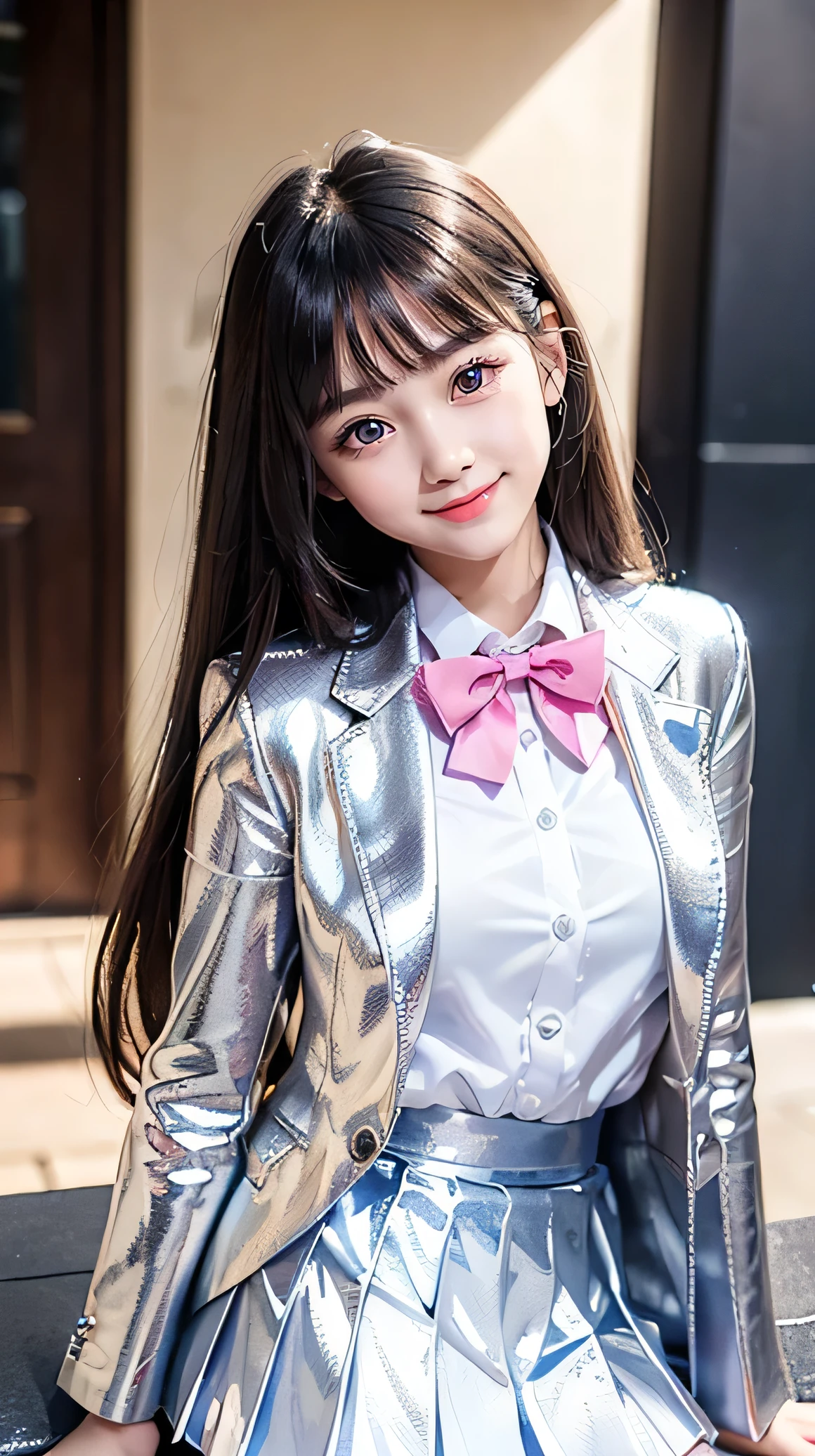(Very beautiful cute girl), (very cute face:1.2),13 yo, (sparking crystal clear attractive large eyes), Beautiful eyes, Detailed double eyelids, (smiling), (realistic photograph:1.2), long straight hair,white blouse,
(Super Shiny metallic dark blue blazer and pleated skirt :1.2),school uniform,
(super reflective surface uniform:1),pink ribbon bow tie
