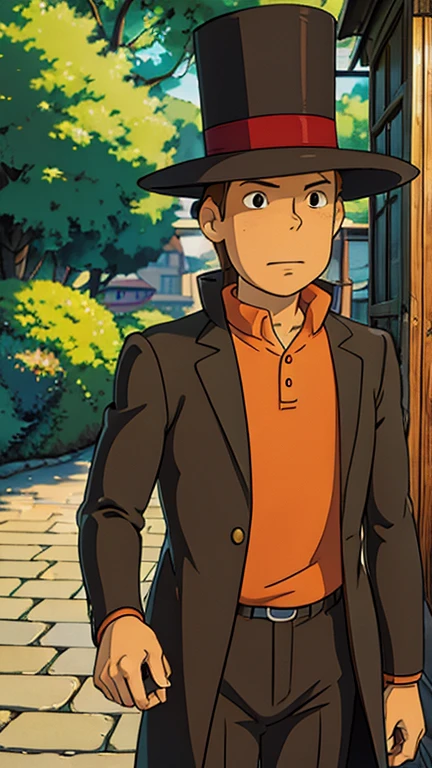 (1man, professor layton), (extremely detailed CG unit 8k wallpaper),(master part), (best quality), (ultra detail), (best illustration),(ghibli style), cowboy shot, (Sharp eyeliner, ombre, detail eyes:1), city park, outdoors , break , (GHIBLI_Background), upper body, 1boy, brown hair, door, freckles, hat, letter, male focus, shirt, top hat,