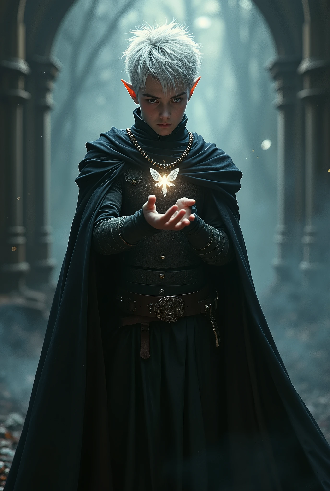 ((melhor qualidade)), ((obra de arte)), (detalhado), a young half-elf man with a suspicious gaze, small bright flying fairy in his hands, white spiky hair, dark armor, long billowing black cape, intricate detailed character,hyper realistic,award winning digital art,cinematic lighting,dramatic composition,chiaroscuro,muted color palette,dramatic shadows,ethereal atmosphere,(best quality,4k,8k,highres,masterpiece:1.2),ultra-detailed,(realistic,photorealistic,photo-realistic:1.37)