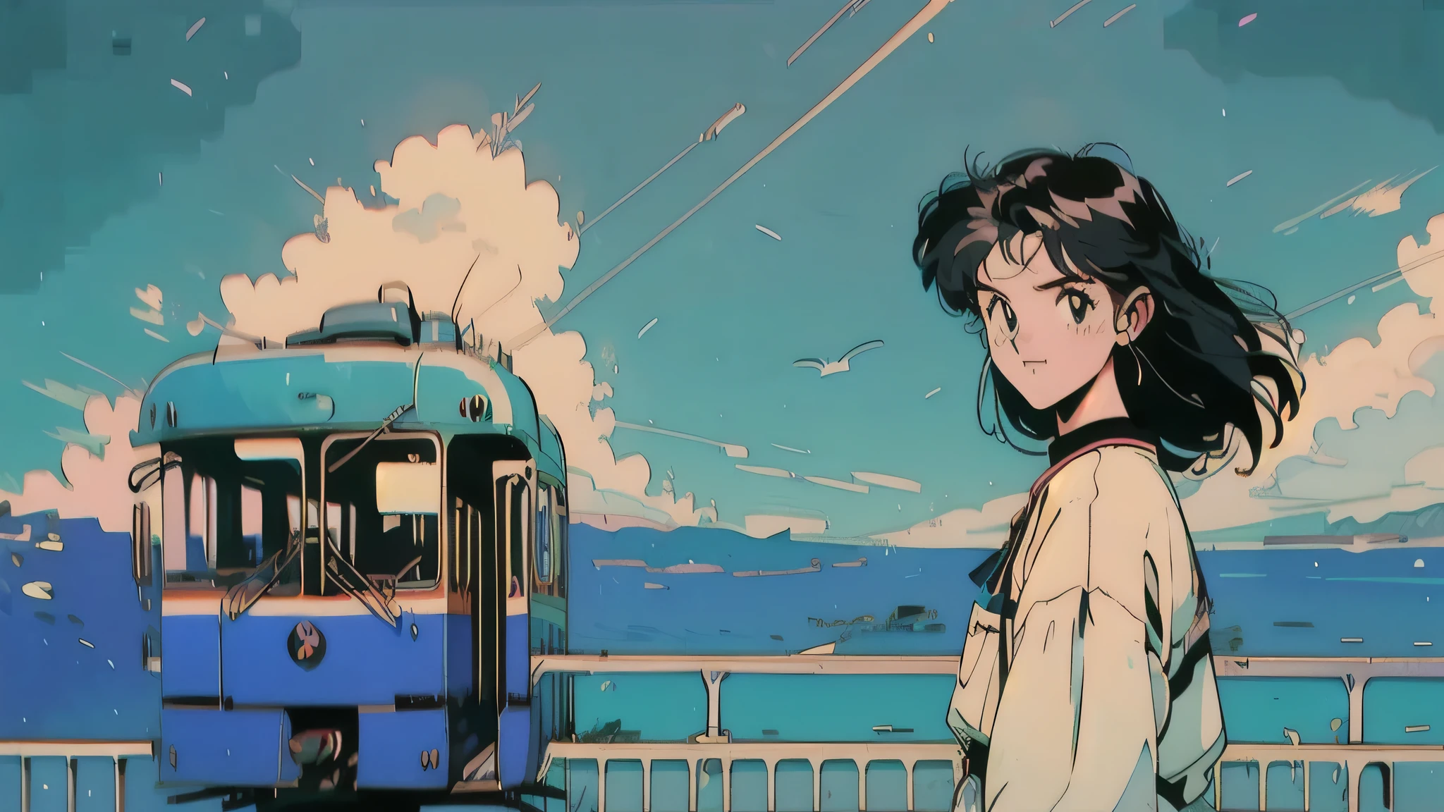 A coastal railway scene with a green and yellow tram stopped at a level crossing. A blue sea and sky、With white clouds in the background. In the foreground, A 21-year-old girl with long hair in the style of the 1980s, She is wearing a white outfit that contrasts beautifully with the blue sky. She is wearing headphones and facing the viewer, Stand in front of the tram. The overall color palette is retro, Nostalgic feeling.