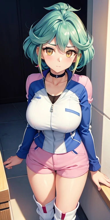 1 Female,High definition,high resolution,Ultra-realistic,8K, rin_arc_v,blue jacket,long sleeves,black choker,pink shorts,white thighs boots, multicolored hair,yellow eyes,European,sexy,Upper body close-up,Photographed from the front,Dynamic Angles,private teacher,blush, huge tits  , pretty  ,(pov , closed shot:1.3)