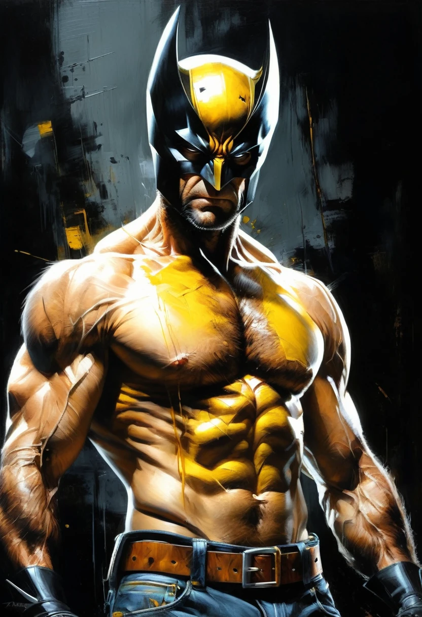 Wolverine, mask, (shirtless:1.5), belt, jeans, dark environment, yellow over black, highly detailed, masterful painting in the style of Aleksi Briclot, oil on canvas