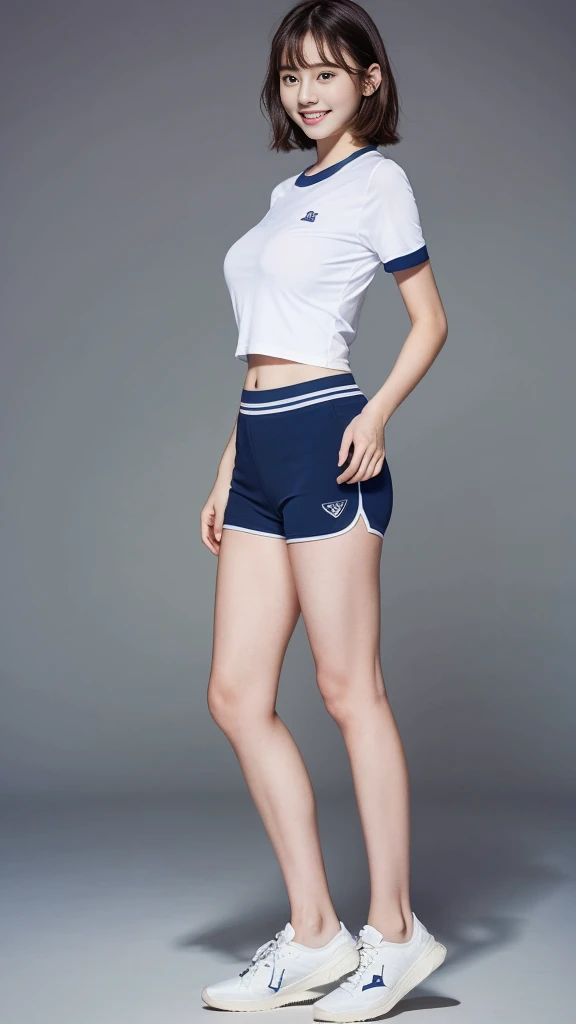 (Highest quality:1.5), (Real:1.4), (Ultra high definition:1.4), (No correction:1.4), (18 years old short Japanese girl with big breasts standing front plain background), (Short stature girl), (Asymmetrical bangs), (short hair), (Japanese school girl with white sportwear shirt and navy blue bloomers), (White gym clothes), (Navy Blue Bloomers), sneakers, (18 years old short girl with short sleeve white sportwear shirt and navy blue bloomers is standing front plain background), (girl viewed from the front), (Plain background), (Cowboy Shot), (smile), (upright)