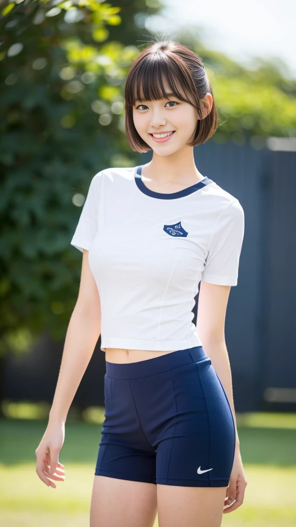 (Highest quality:1.5), (Real:1.4), (Ultra high definition:1.4), (No correction:1.4), (18 years old short Japanese girl with big breasts standing front plain background), (Short stature girl), (Asymmetrical bangs), (short hair), (Japanese school girl with white sportwear shirt and navy blue bloomers), (White gym clothes), (Navy Blue Bloomers), sneakers, (18 years old short girl with short sleeve white sportwear shirt and navy blue bloomers is standing front plain background), (girl viewed from the front), (Plain background), (Cowboy Shot), (smile), (upright)