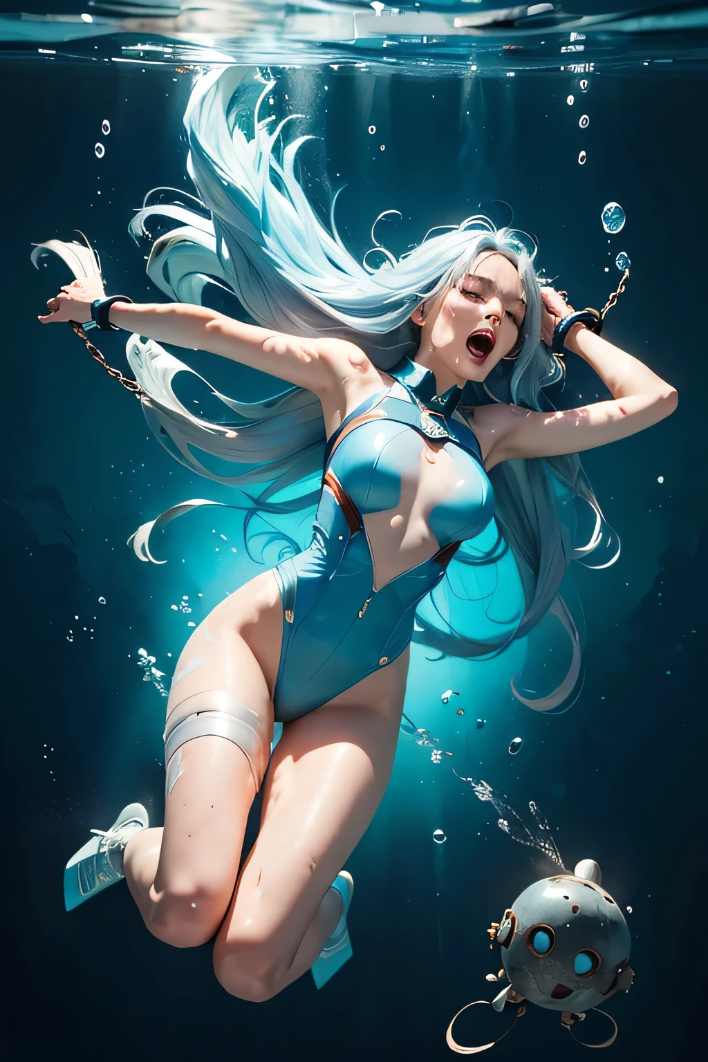 superheroine, long long gorgeous light blue hair, slender body, latex, leotard, sky blue and white costume, captured,(( arms chained)), collared to chain, cruelly, painful, helpless, humiliating, regrettable, ((screaming in pain)), ((swimming and running away underwater desperately in deep sea)), impatient, falling body, eyes closed, ((water is exploding around her)), ((many mines exploding)), ((directly exposed to the explosion)), water is rushing, lean back, body lying down, body fall down, floating in air, full body shot, in deep undersea