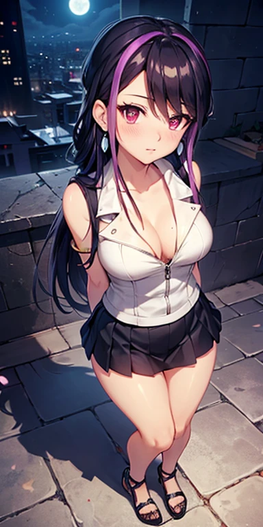 masterpiece, best quality, ultra-detailed, illustration,masterpiece, Best quality, high resolution, high resolution, earrings,1girl, ruri, purple hair, pink eyes, sleeveless, bracelet, long hair, black skirt, tight skirt, miniskirt,white shirt,beautiful detailed eyes, looking at viewer in a seductive look, close up, (breast focus), (arms behind back:1.2), tight clothes ,(from above:1.1),  medium sized breasts ,attempt to seductive,blush,(wide thighs:1.3), moonlight,sky, ((full body)), purple snickers , multicolored hair , detailed face, detailed body