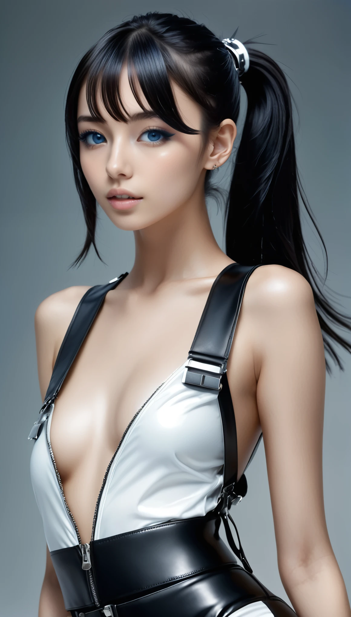 (nsfw), masterpiece, Best Quality, Realistic, Futuristic fashion art, 
BREAK 
beautiful young woman, ig model, render of april, (wide angle, all body shot, standing:1.6), 

BREAK 
bold exposure, (ultra slim waist, firm medium breasts, medium buttocks, beautiful sexy legs:1.2), cameltoe, exuding a sculptural beauty, White and beautiful Silky skin, thin and beautiful neck, small head,
BREAK 
(White and black military print bodysuit: 1.3), (Sleek black leather belt with futuristic metallic buckle: 1.2), (Low-rise black leather shorts with zipper accents: 1.4), urban vibes, (Sheer black mesh bomber jacket with white and black military patches: 1.4), (Chunky black combat boots with silver hardware: 1.5), fierce and bold, (Black fingerless gloves with white LED lights: 1.3), high-tech accessories, (White and black camouflage print bucket hat: 1.3), (Oversized black sunglasses with reflective lenses: 1.2), edgy attitude, (White and black military print backpack with multiple compartments: 1.4), functionality meets style, (Sleek high ponytail with black and white ribbon accents: 1.3), futuristic hairstyle, (Graphic black and white eyeliner for dramatic eyes: 1.4), striking makeup, (Confident stride with a hint of rebellion: 1.5), embodying the essence of future street-chic fashion, 
(in a concrete, fog, mist, Realistic black Shadow) , small head, Detailed face, cute and Pretty slim face, happy,  Duck mouth, perfect beautiful Tooth, arranged gray hair, blue eyes, shiny eyes, looking viewer, 