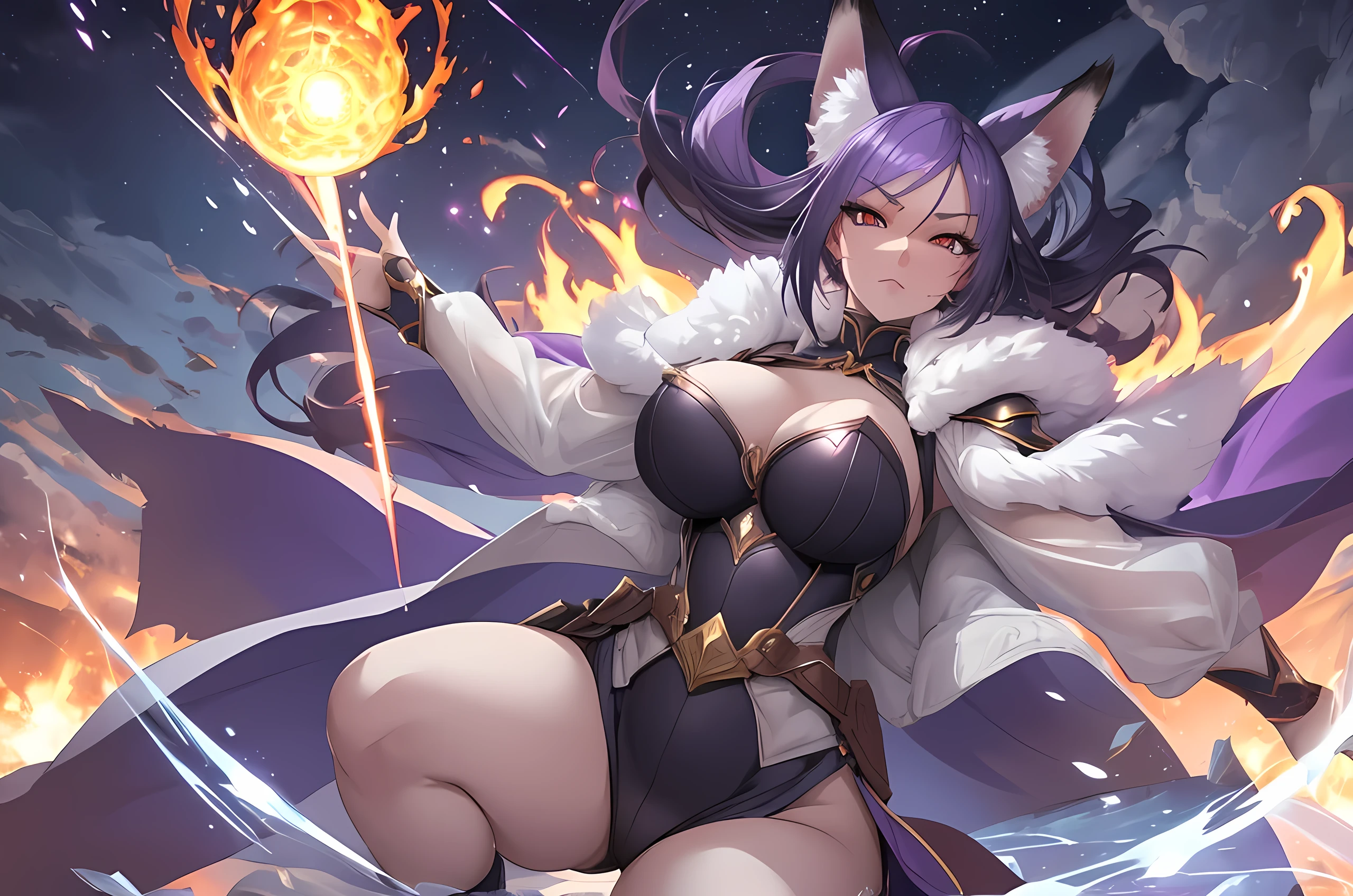 Mature woman, purple hair, huge breasts, 9 fox tails, fox ears, battle outfit, serious expression, mage armor, floating in the sky, clouds, holding giant orbs of fire and ice, glowing eyes