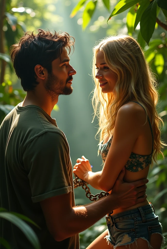 Handsome man unchaining a beautiful young white kidnapped 26-year-old from a chain tied to his leg in the jungle