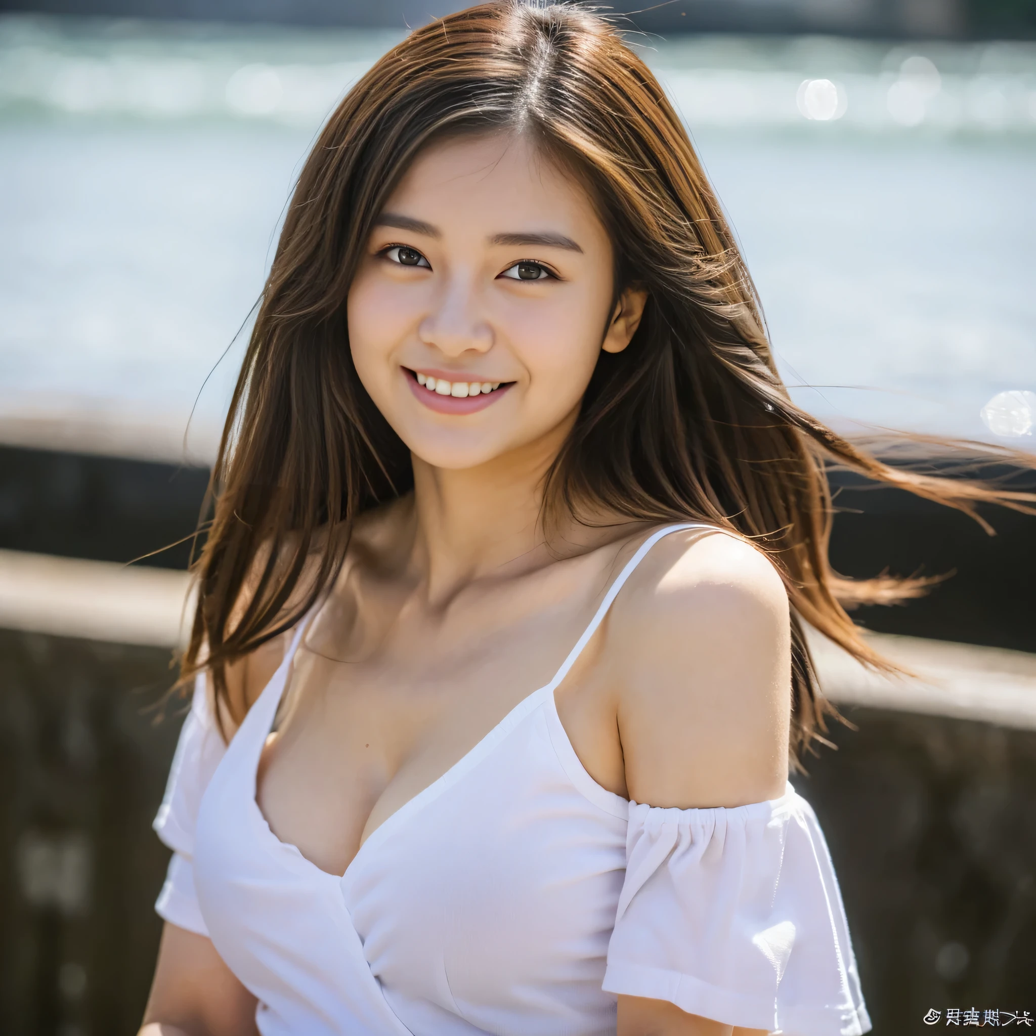 (masterpiece:1.3), (8k, Photorealistic, RAW Photos, Best image quality: 1.4), Japanese schoolgirl、(Random hairstyle:1.2,)、Super detailed face、Pay attention to the details、double eyelid、Beautiful woman:1.4、Light brown hair、Highest quality、masterpiece、(Photorealistic:1.4、Me on the coast、Japanese high school students、Very large breasts、thin pink lingerie)、Highly detailed and professionally lit smile、thin、Buckshot、