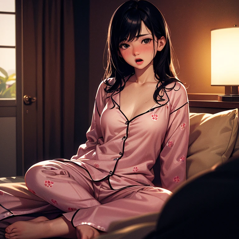 best quality, masterpiece, ultra high res, 8K, raw, (photo realistic:1.4), physically-based rendering, depth of field, looking at viewers, slender, (sitting:1.1), in the bed room, detailed beautiful face, 1 girl, cute, young, nose blush, big black eyes, open mouth, tiny breasts, black hair, detailed clothes, (pajamas:1.3), no shoes ,pureerosface_v1,