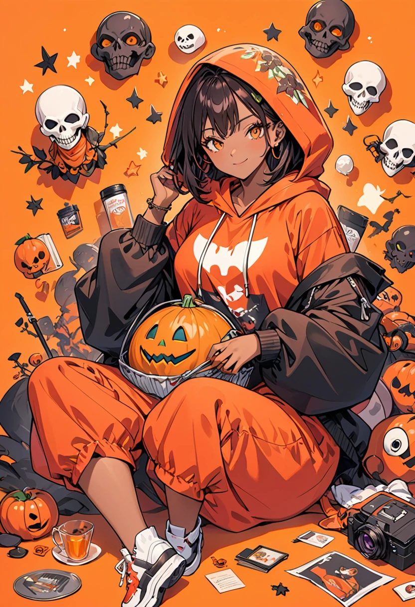 (African American Woman) holding a big orange. She is wearing a large, red-themed costume.,Hooded. Her laid back attitude、Vibrant,Spooky accessories. ((On an orange background)). Tattoo Array,