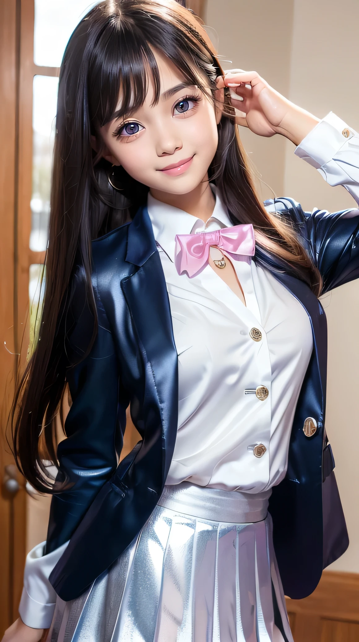 (Very beautiful cute girl), (very cute face:1.2),baby face,13 yo, (sparking crystal clear attractive large eyes), Beautiful eyes, Detailed double eyelids, (smiling), (realistic photograph:1.2), long straight hair,white blouse,
(Super Shiny metallic dark blue blazer and pleated skirt :1.2),school uniform,
pink ribbon bow tie