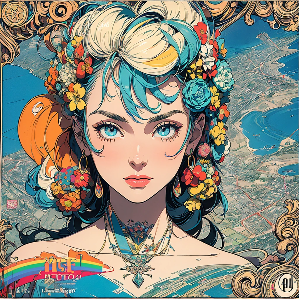 (work of art, highest quallity), 32 mil,(Highly detailed beautiful woman), posters,sf,1960s,1970s,Bauhaus, forma, abstrato, announcement,movie poster, vintage,retro,futurist,アニメ,final map,Perfect rainbow,destacados,highly-detailed eyes,