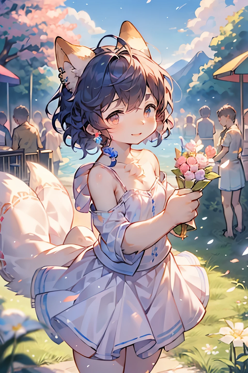 art by Cornflower, Dreamy, cherry_开flower, come down_flower瓣, flower瓣, Branches, pink_flower, 1 Girl,20 years old, blue_Sky, spring_(seasexist), flower瓣_exist_liquid, flower, flower见, skirt, (Lexistg blexistd curly hair:1.5),Wearing a wreexisth,Sky, outdoor, cloud, Bangs, Smile, pink_Eye, White skirt with cherry blossom embellishments, only_Shoulder, earrings, Keep_flower, wind, Tree, Watching_exist_Viewer,Cowboy shooting,