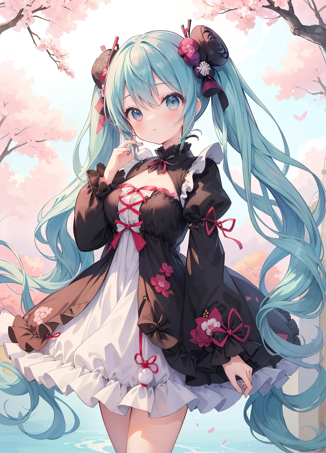 (masterpiece、Highest quality、Highest quality、Official Art、Beautiful and beautiful:1.2)、(One person:1.3)Hatsune Miku、Twin tails,Beautiful breasts, Katsushika Hokusai,very cute，Elegant long sleeve frill hemline dress、Contrast Trim Frog Button Dress for Spring and Autumn Women&#39;s Clothing