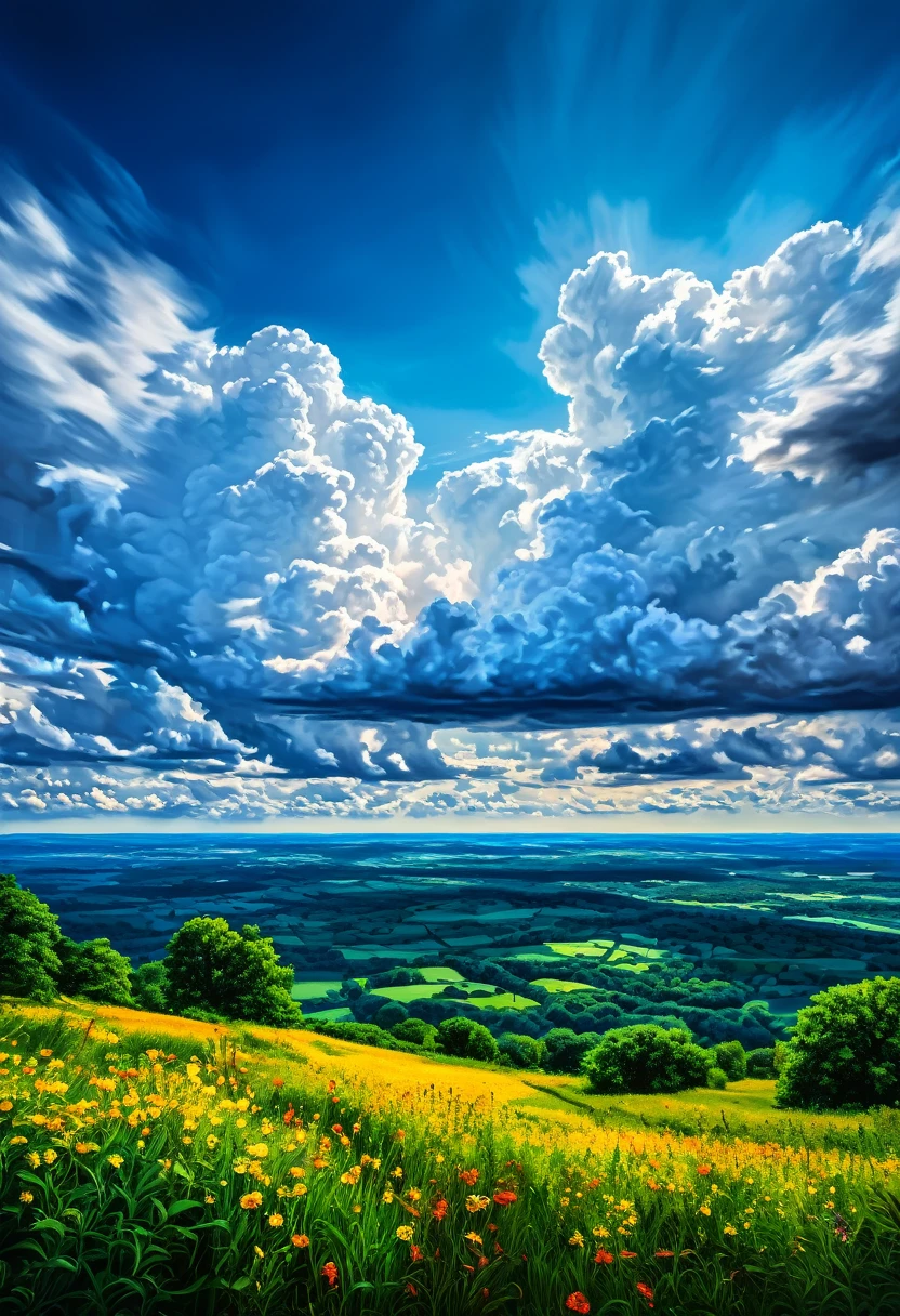 Summer sky (Painterly style), Realistic, highly Realistic, Attention to detail, breathtakingly Realistic, High contrast realism, High Saturation Realism, Vibrant colors, Dramatic lighting, Charming landscape, Persuasive storytelling, Atmospheric scenery, Captivating visuals, Intricate details, Strong emotions, Heavenly beauty, A dreamlike world