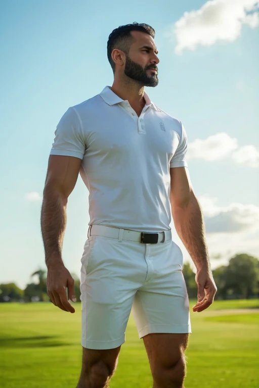 Tall lean 40 years old caucasian man half arabic, stuble beard, really short dark hair messy caesar cut with receding hairline, hairy arms, unbuttoned white polo shirt, white shorts, alpha man. At the airport , smoking cigarette.