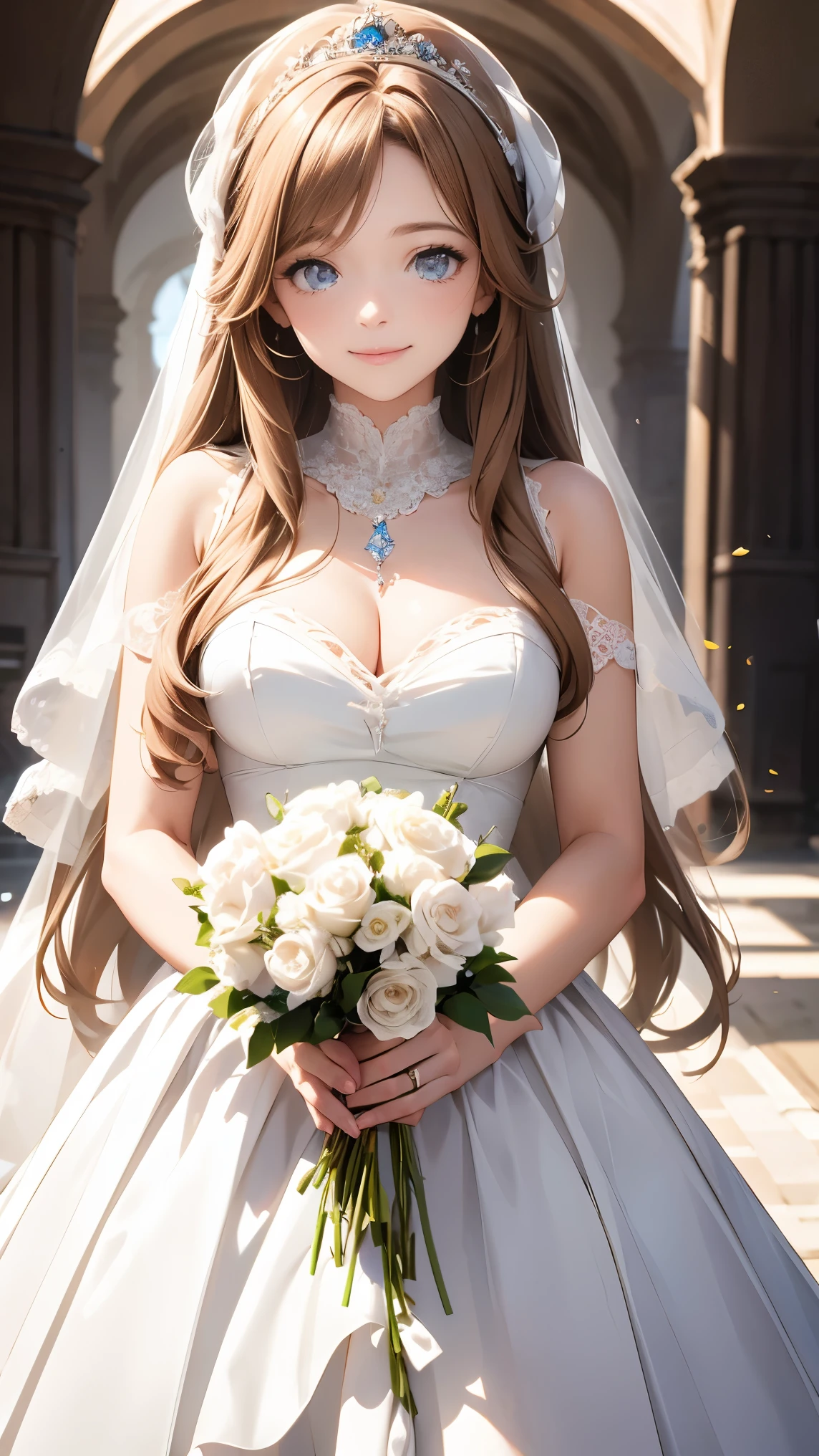 A beautiful woman in a French wedding dress,Long hair light brown color.,smiling with a bouquet of white roses in her hand,