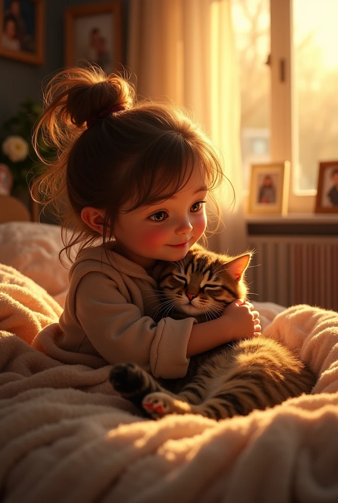Alya adored her brown tabby cat, PJ. When her parents announced a week-long visit to Aunt Samantha and her cousin Lila, Alya was heartbroken. She hugged PJ tightly, saying, "I don’t want to leave you."
Her mom reassured her, "PJ will be fine with Aunt Samantha. We’ll be back soon." Reluctantly, Alya said goodbye and went to Aunt Samantha’s, missing PJ every day.
When they returned home, Alya rushed inside and found PJ waiting by the door. PJ rolled onto his back, showing his belly and purring happily. Alya gently rubbed PJ’s tummy and whispered, "I missed you so much."
That night, Alya and PJ settled into bed together. Alya nestled under the covers with PJ curled up beside her. They both drifted off to sleep, content and happy to be reunited, as they snuggled close in the warmth of their bed.