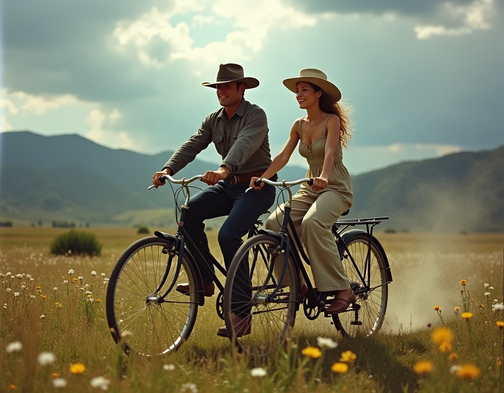 movie「Shoot for Tomorrow!」、Paul Newman as Butch Cassidy and Katharine Ross as Etta Place riding a bicycle together、theme song「Even if it gets wet in the rain」Background music、