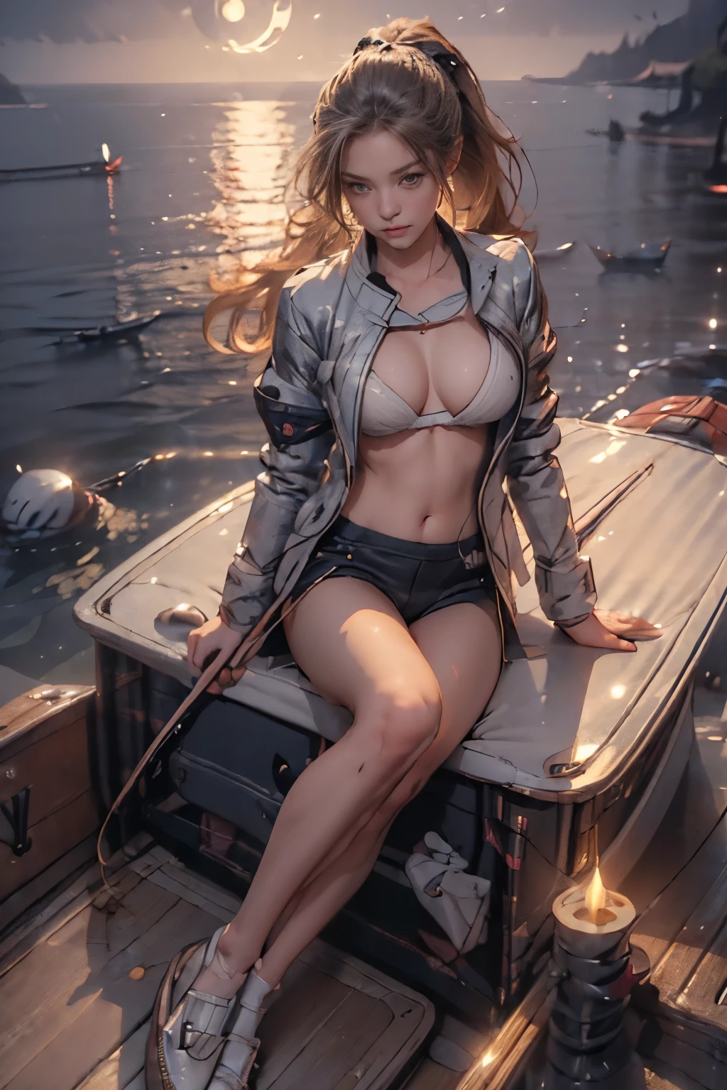 (masterpiece, Highest quality, High resolution, Extremely detailed 8K:1.6), {(1 girl:1.6), A beautiful 25-year-old with a slim, sexy body, (Fisherman:1.8):1.6}, (Ultra HD, Very detailed, Very detailed, Very realistic, Ultra-realistic, Photo Real), {Deep writing depth, (Godley:1.2), (bounce front lighting:1.1), (Soft and diffuse lighting:1.6) }, (One person:1.5), (Long Hair, ponytail:1.4), (dynamic sexy pose), (Very delicate and natural hair:1.3), Rear view, To the camera, A light smile, (Big, firm, swaying breasts: 1.6), (Very delicate and natural face, Very delicate and natural eyes:1.3),(Very delicate and natural clothing:1.2),(Crystal Blue Eyes:1.2) (Sexy brown fishing jacket, The jacket has a wide opening at the chest, Black shorts, Deck Shoes:1.5), {Wave, (Enjoy midnight boat fishing, Moonlight:1.6), (Sitting on a fishing boat:1.3),(Southern Island:1.6), Dolphin}