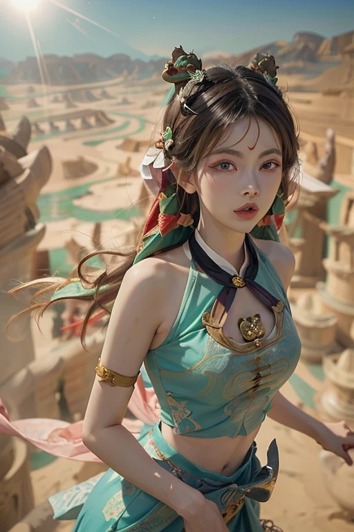 (RAW, Best Quality), Realistic, (Photorealistic Real: 1.3), Best Quality, High Detail, Masterpiece, Extremely detailed, Illustration,25 year old goddess, upper body, mess_long_hair, best quality, 32k wallpaper, extremely detailed Dunhuang uniforms, ink, amazing, cinematic lighting, lens_flare, Dunhuang style tunic, sexly, crop top, bone delicate blows, Patterned socks, Gold patterns all over, an ancient goddess wearing a hanfu-style silk ao dai, silk tulle clothes, (Dunhuang style: 1.8) (Dunhuang fantasy landscape: 1.8 ), beautiful face and extremely meticulous makeup, smooth pink and white skin, flawless soft skin, thin black eyebrows, meticulous eye makeup, eye makeup glitter, high nose, Good, hair brooch,smallest and flat breasts, chubby,sweet little lips,the small tattoo on the forehead of the goddess,(Beautiful nipples),hentai,