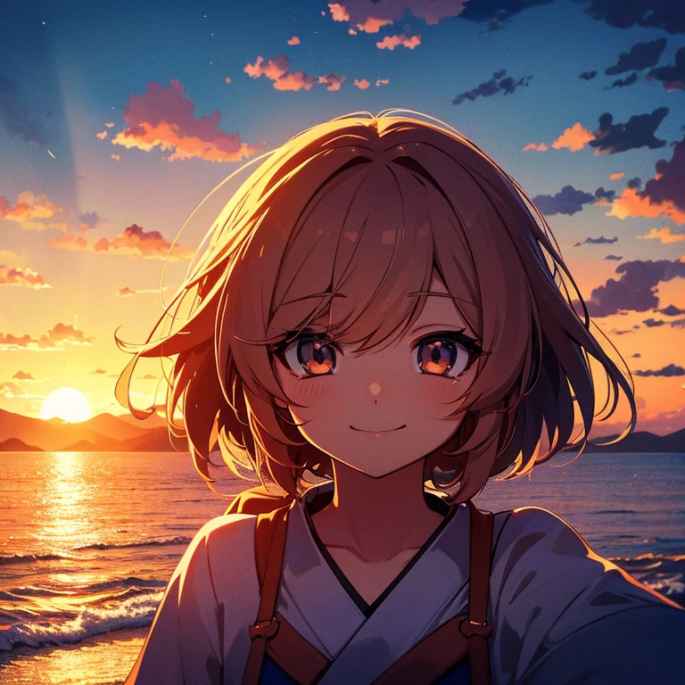 anime style, in the sky, over the sea, two eyes open, eyes detailed, in a sunset, smiling, masterpiece, 4k, detailed face, good anathomy, highlights,  