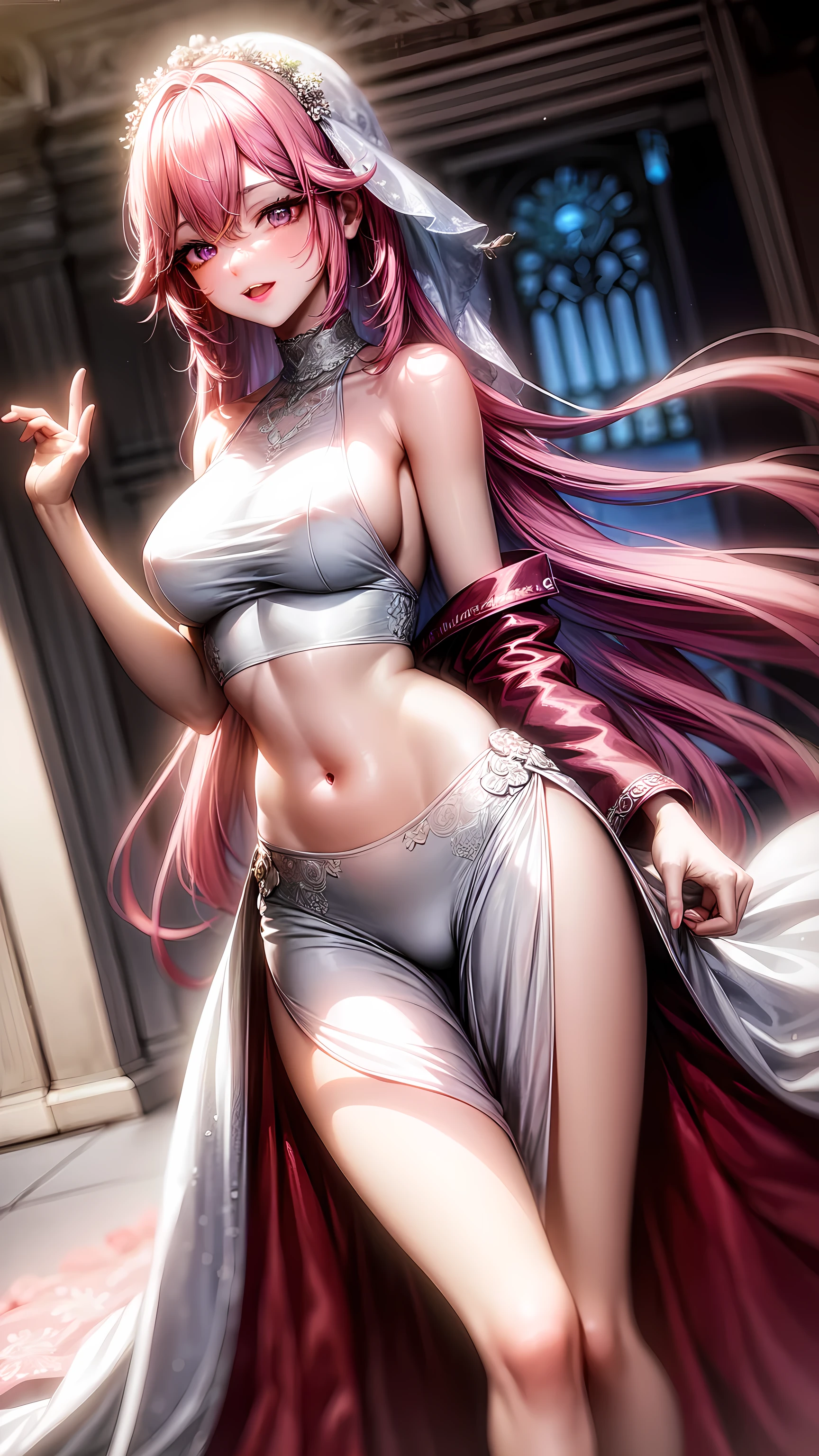 purple eyes,Wedding dress,long skirt,crop top,pink hair