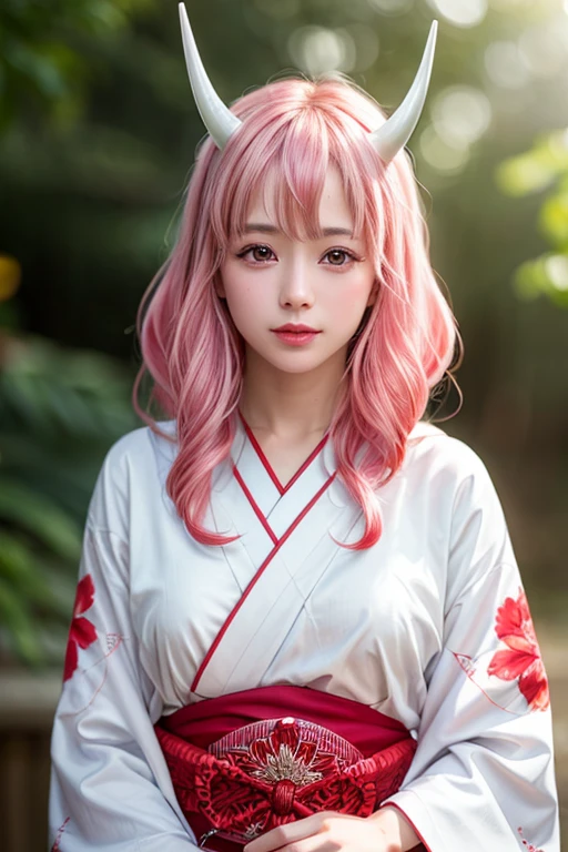 Realistic, (4K), Written boundary depth, (masterpiece), (Realistic skin texture), Very detailed, Complex, Very detailedな, Professional photography, Bokeh, High resolution, Sharp details, 最high quality, , Red and white kimono, Long Hair, Pink Hair, Pink Eyes, (Horn), relax, RAW Photos, (Skin with attention to detail:1.2), 8K Ultra HD, Digital SLR, Soft lighting, high quality, Film Grain, Fujifilm XT3