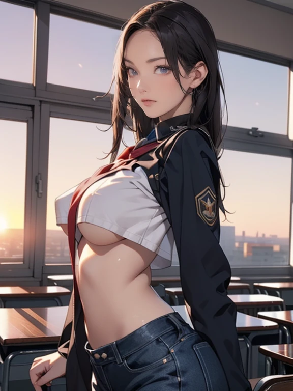 (8k,Photorealistic, masutepiece, Best Quality, Raw photo:1.3)、1girl in, 18years old,Solo,school girl, Long hair, Brown hair, Detailed beautiful face, alluring face, (Detailed beautiful brown eyes:1.2), medium breasts,(underboob:1.3),(coverd nipples:1.1),(loos sailer uniform :1.35), ( Perfect body skinny beauty: 1.4),( temptation Pose:1.3), (Looking at Viewer, front view,eyes focus:1.2), Detailed background, (sunset:1.2), classroom,fine detailed, intricate detailes,  Ray tracing, depth of fields, seductive smile,classroom,