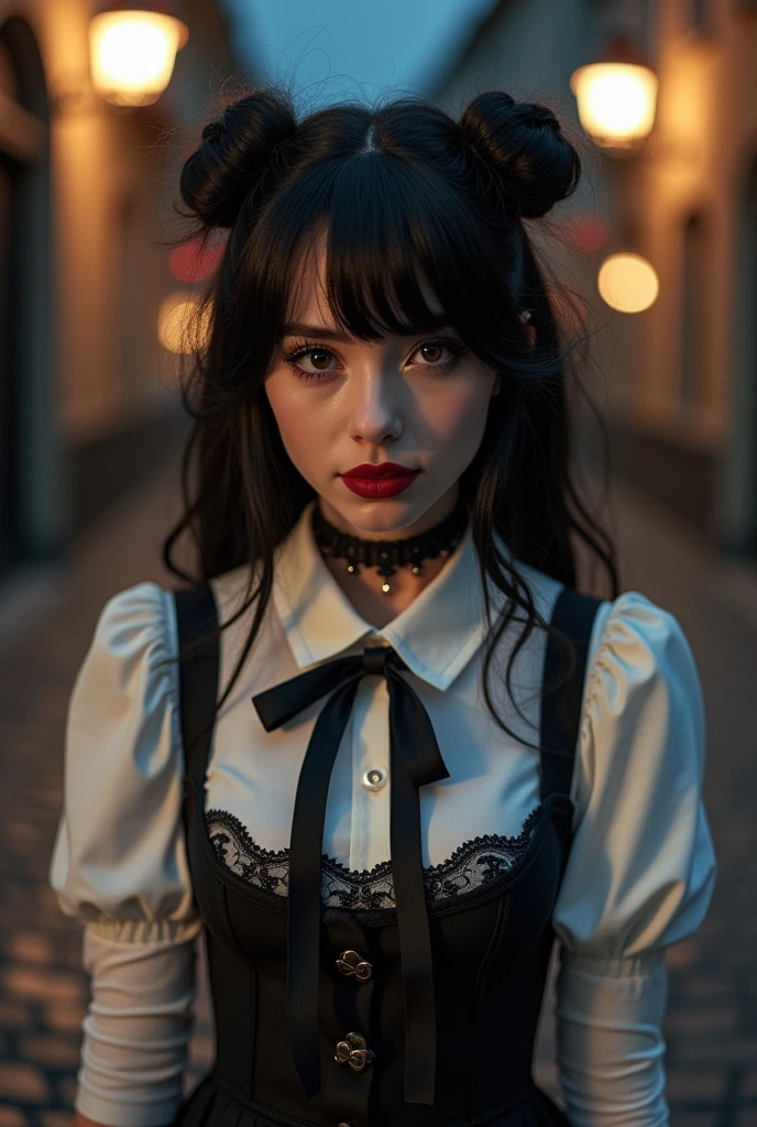 A stunning close-up portrait of a young woman with a kawaii-goth-filmic aesthetic. She has black hair with two small heart-shaped buns on each side of her head and dark red lipstick. Wearing a black lace choker, a white collared shirt with a black bow, and a layered black skirt with a subtle witchy pattern. The background is a soft, dreamy fusion of vintage film-noir and gothic elements, with a dim streetlight casting shadows on the cobblestone pavement.