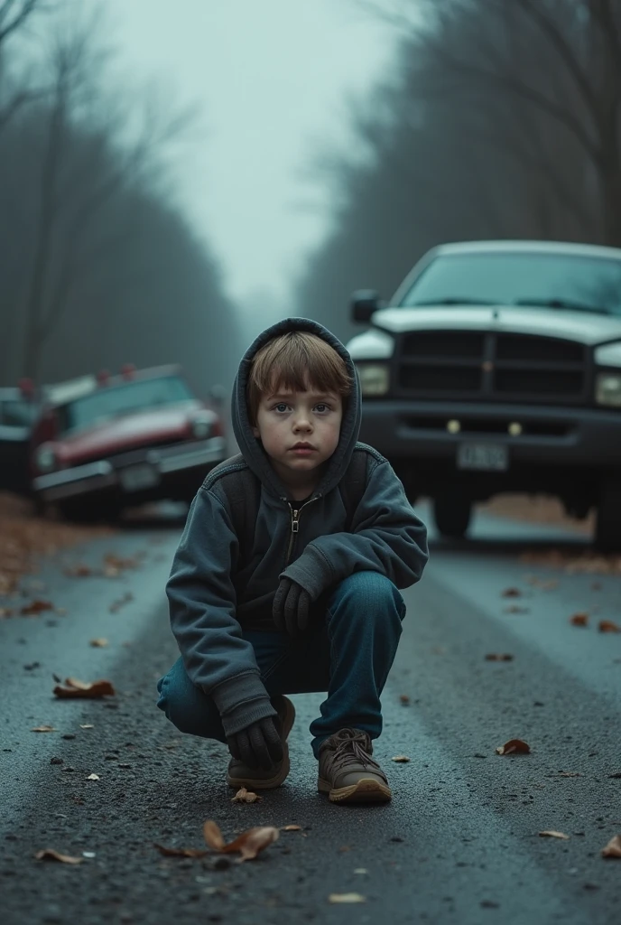 Boy wearing blue jacket and black pants brown shoes handcuffs while police officer escorts boy to police car