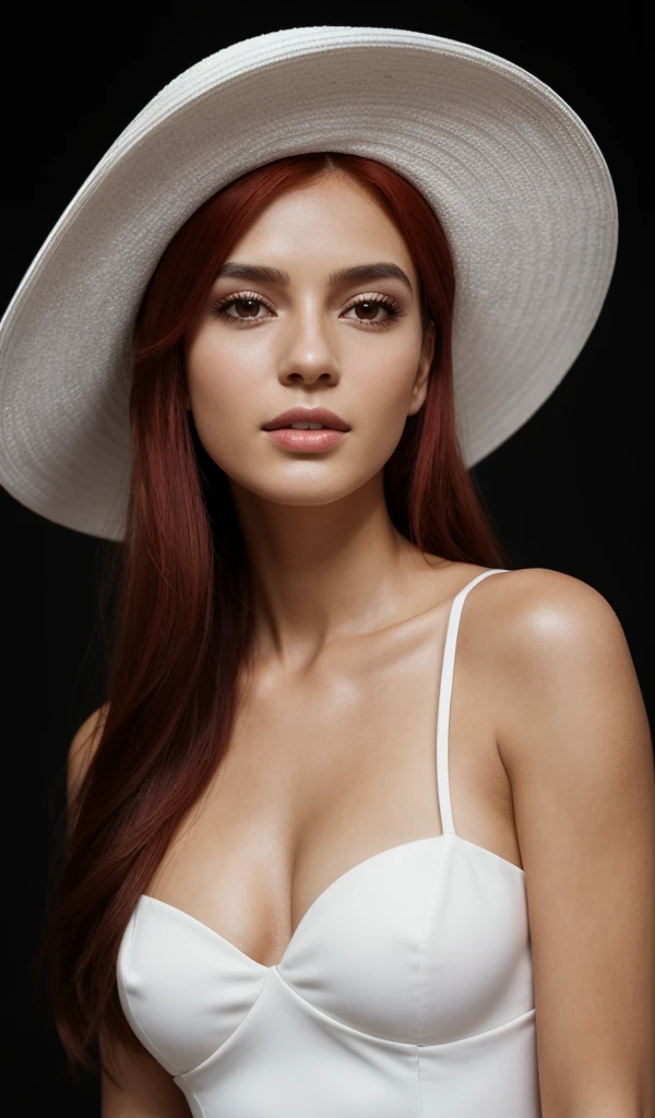RAW photo, 25 year old Brazilian girl, red hair, elegant white hat, black dress, light makeup, realistic skin texture, sharp focus, cinematic photorealism,