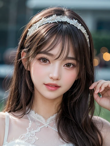 ((masterpiece: 1.3),8k, Realistic, RAW Photos, Highest quality: 1.4), (One Girl), Beautiful face, (Realistic Face), (Brown long hair: 1.3)、(((Night Port、Night view、Sparkling))),Beautiful hairstyle, (bangs), (smile), smile, Realistic eyes, Gloss, highlight, highlight in the Eyes, eyelash, Beautiful details in the eyes, (Realistic Skin),、(((Thin headband、White lace dress)))、Shooting from the air、Beautiful skin, Transparency、(beautiful)、 bust, smile, teeth, Confused, charm, 超High resolution, ultra-realistic, High resolution, Golden Ratio, Clear eyes, Wet, mole, Looking into the camera, ear, Shine, Long neck, double eyelid, Big eyes, cheek, ??? character, charm personality, ???, Move, Overwhelming charm, bright personality