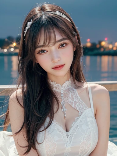 ((masterpiece: 1.3),8k, Realistic, RAW Photos, Highest quality: 1.4), (One Girl), Beautiful face, (Realistic Face), (Brown long hair: 1.3)、(((Night Port、Night view、Sparkling))),Beautiful hairstyle, (bangs), (smile), smile, Realistic eyes, Gloss, highlight, highlight in the Eyes, eyelash, Beautiful details in the eyes, (Realistic Skin),、(((Thin headband、White lace dress)))、Shooting from the air、Beautiful skin, Transparency、(beautiful)、 bust, smile, teeth, Confused, charm, 超High resolution, ultra-realistic, High resolution, Golden Ratio, Clear eyes, Wet, mole, Looking into the camera, ear, Shine, Long neck, double eyelid, Big eyes, cheek, kid character, charm personality, kid, Move, Overwhelming charm, bright personality