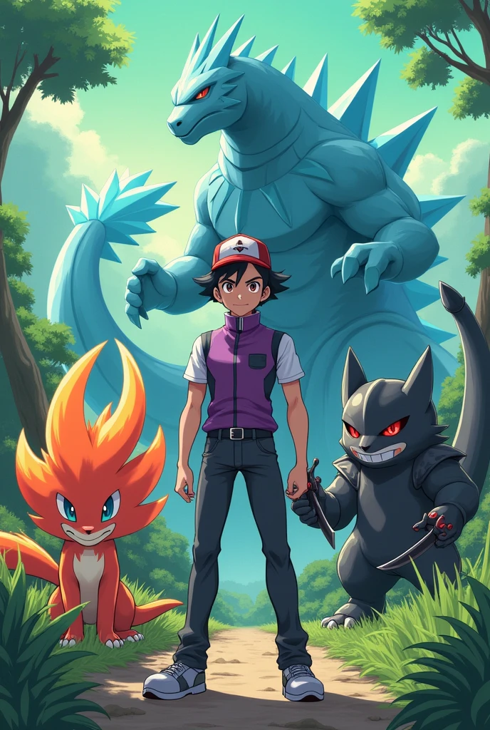 The best quality, Pokémon Trainer, anime boy, black hair, half thin, dark gray pants, two hands, looking at the viewer, purple vest and cap and an incineroar (Fire and Dark type fighting tiger) (shiny), a sceptile (plant lizard and dragon with a pine tree on its tail) (shiny), a samurai (samurai sea lion with armor and black swords with a red line, of water and dark types) (hisui), un sneasler (poisonous fighting cat, with sharp claws), flour gardener (Ice-type dragon similar to Godzilla)