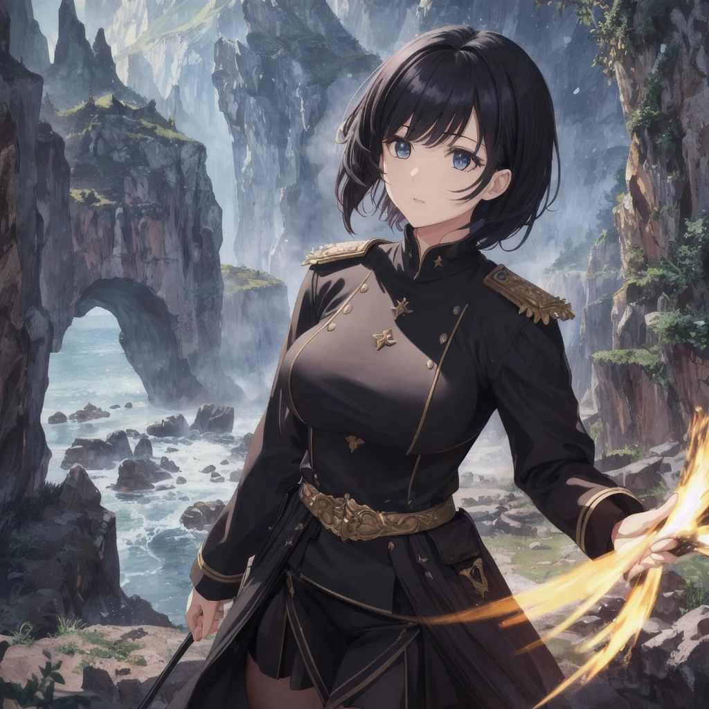 Vivid colors, (Best quality, 4k, 8k, High resolution, Masterpiece: 1.2), Ultra detailed, (Realistic, Photorealistic, Photorealistic: 1.37), Medieval Western, Cave with heroic dragon, Talk to dragon, Complex background, Dreamy atmosphere, Cinematic lighting, (Best quality, 4k, High resolution, Highly detailed, Masterpiece), (Impressionist: 1.4), Cool anime girl, Black short hair, Black hair, Bangs, 21 years old, Mature, Young, Black clothes, Black uniform, Exquisite and exquisite face