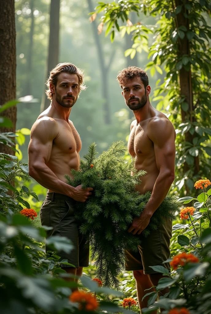 Two handsome men, one is skinny and white and the other is handsome, collecting fir trees in the jungle 