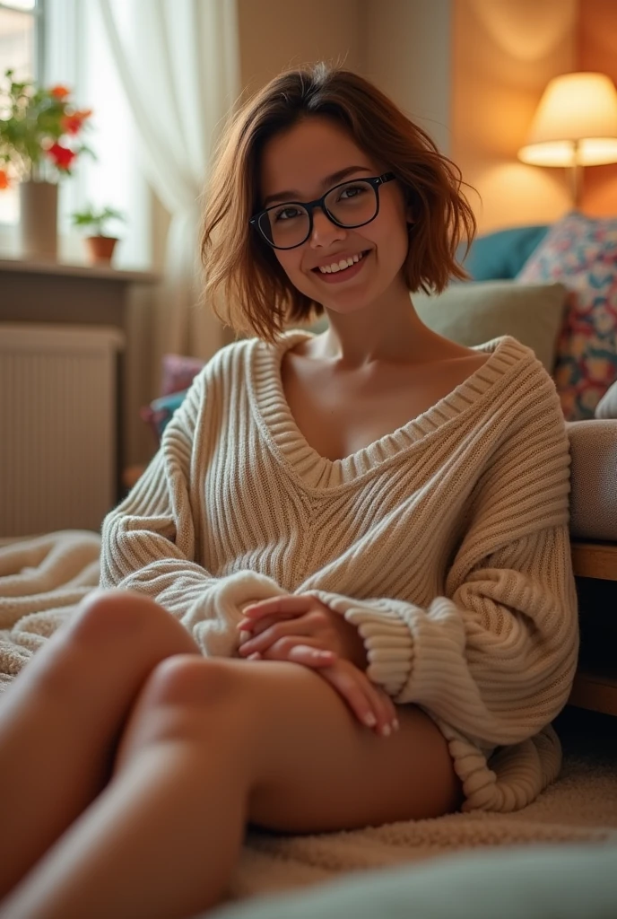 girl with glasses, short brown hair with huge breasts and a giant ass, wearing a sweater and very thin underwear, barefoot, with a smile, you can see her nipples through the sweater 