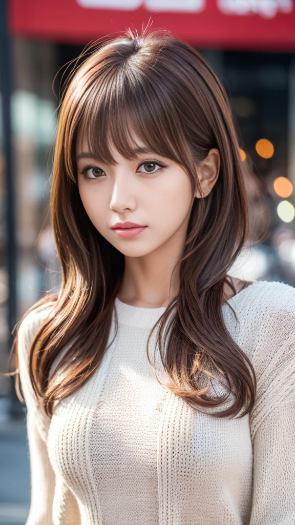 Ultra High Definition, Superior Quality, Premier Quality, ultra detailed, Photorealistic, 8k, RAW Photos, highest quality, masterpiece, Attractive girl, Stunning girl, Brown Hair, Shoulder Length Layered, asymmetrical bangs, K-pop Idol, Sophisticated, Stylish, white knit, Shibuya,