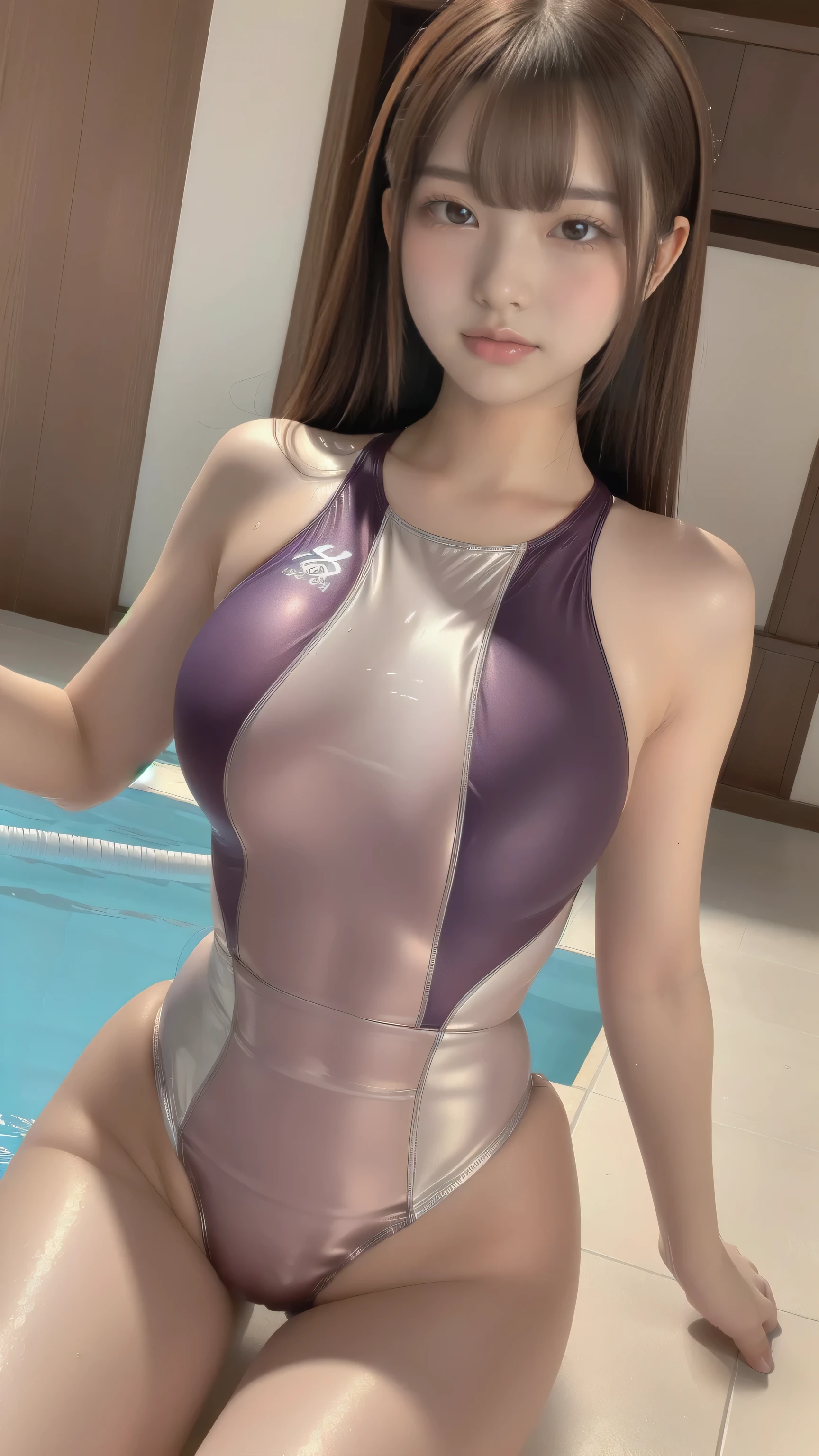 ((Indoor swimming pool, Indoor swimming poolサイド)), (Highly detailed skin, Beautiful realistic face, White skin, Pointed Chest, Small nipples, Perfect Anatomy, Realistic eyes, Natural Eyes, Brown eyes, Accurate eye focus, Accurate limbs), (Hyper Realist, Ultra-realistic, 4K, Attention to detail, Ultra-high resolution, Highest quality, masterpiece, Presence, dynamic, Uplifting, bold, Sharpness), (Thinning hair:2, Soft Hair:2, Straight hair:1.5, Long, slicked bangs, Light copper amber hair, Hair on one eye, Twin tail hair), (Wearing a competitive swimsuit:1.5), The shine of competitive swimsuits, Metallic competitive swimwear, Metallic Racing Swimsuit, ((Metallic high leg swimsuit)), Metallic School Swimsuit, ({Metallic red color| Metallic purple color| Metallic white color| Metallic navy color| Metallic pink color| Metallic gold color| Metallic silver color| Metallic black color| Metallic colors}Swimsuit color), (Big Breasts:1.5), Tall, Small waist, Elongated arms and legs, Small hips, ((On all fours:1.5, Doggy style, Slouching, Lifting the hips, Protruding hips)), The swimsuit is digging into her buttocks, smile, Full body portrait, Photograph the whole body, Put your chest close, Accentuate your breasts, Looking into the camera,