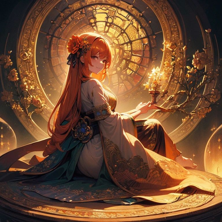 (masterpiece:1.4), (best quality:1.4), fantasy, extremely detailed, intricate, hyper detailed, illustration,soft lighting, 1girl, Orange hair_flower, dress, bend_over , grin, (perfect_face), sitting, desk, ornate, intricate, dramatic lighting, 4k, detailed_background, caustics, full_body, digital_illustration, from_side 