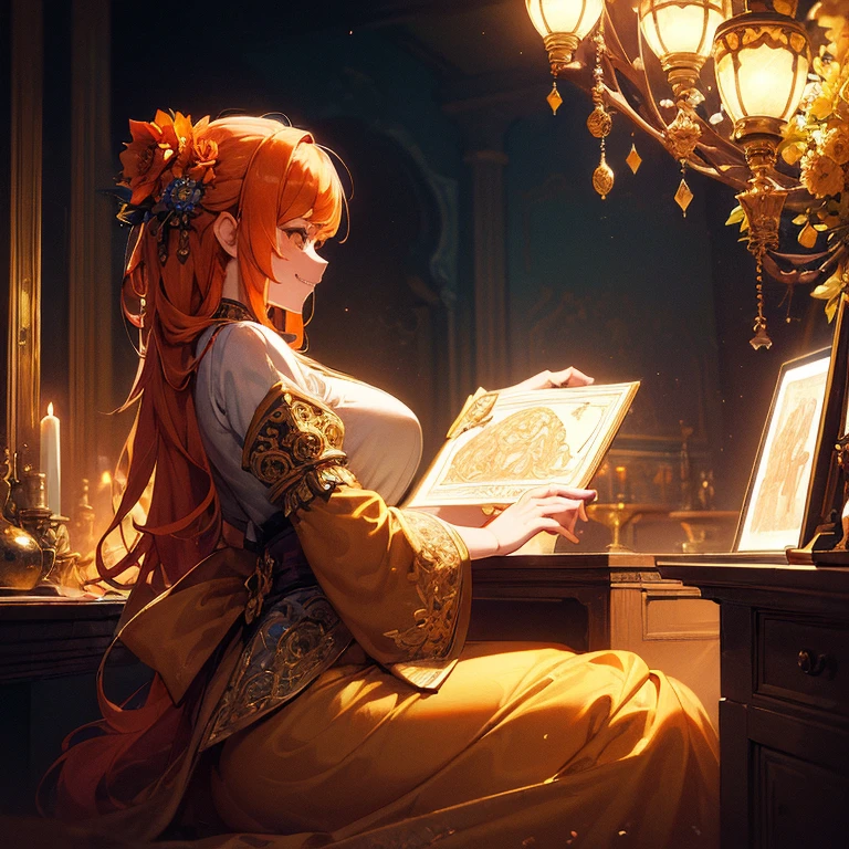 (masterpiece:1.4), (best quality:1.4), fantasy, extremely detailed, intricate, hyper detailed, illustration,soft lighting, 1girl, Orange hair_flower, dress, bend_over , grin, (perfect_face), sitting, desk, ornate, intricate, dramatic lighting, 4k, detailed_background, caustics, full_body, digital_illustration, from_side 