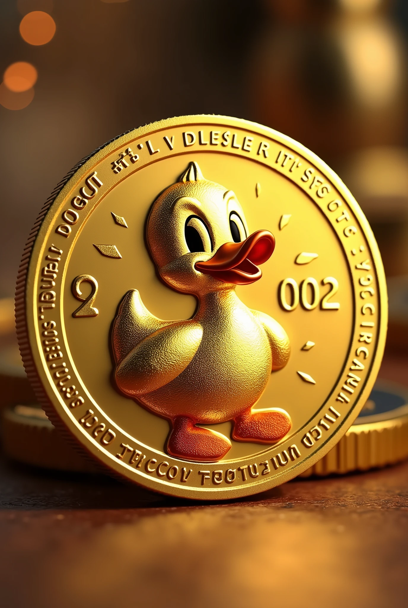 A coin with the engraving of the golden cartoon duckling logo in cartoon style, coined the number 002, Bitcoin style lighting, realistic texture, high resolution, comely, highest quallity, work of art , highly detailed