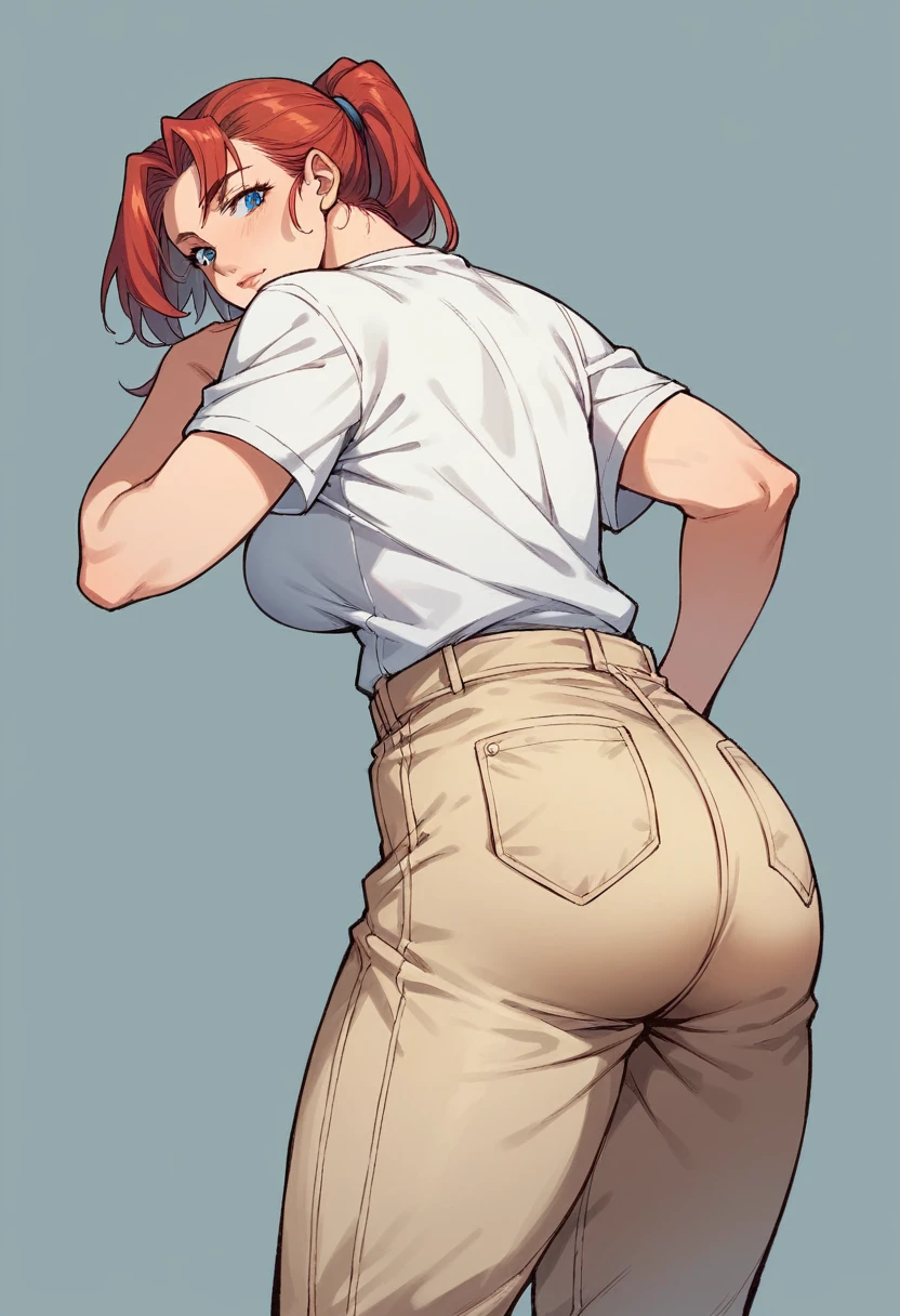 mature woman,, blue colored eyes, red Ponytail, white t-shirt with blue and red stripes, beige pants,big-ass, 90s anime style