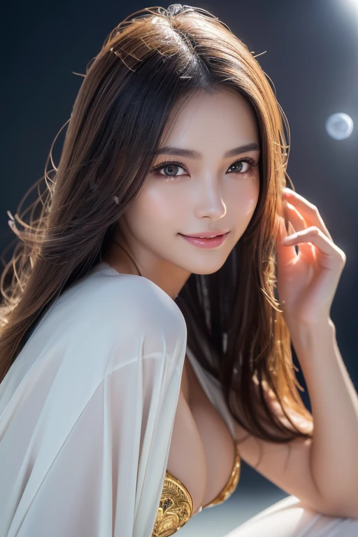 Latex bodysuit、Knee-high boots、Huge 、Long brown hair、Shiny, Oily skin、Glowing Skin、Indoor competition pool、White skin、The beauty of kimono, Body Portrait, 8k, Narrow and beautiful eyes, Dindal effect, masterpiece, 最high quality, high quality, High resolution, Very detailed photos, (Natural skin texture, Fine skin, Hyperrealism, Ultra Sharpness) , Skin with attention to detail, (Very fine, Fine skin texture, Intricate details, Beautiful Face, (Lifelike face), Realistic eyes, Beautiful and detailed eyes, Realistic Skin, Beautiful Skin, surreal, Very detailed, Golden Ratio, Smiling Eyes, ((Night moonlight background)), Body Portrait,  glamorous, Shiny Bodysuit